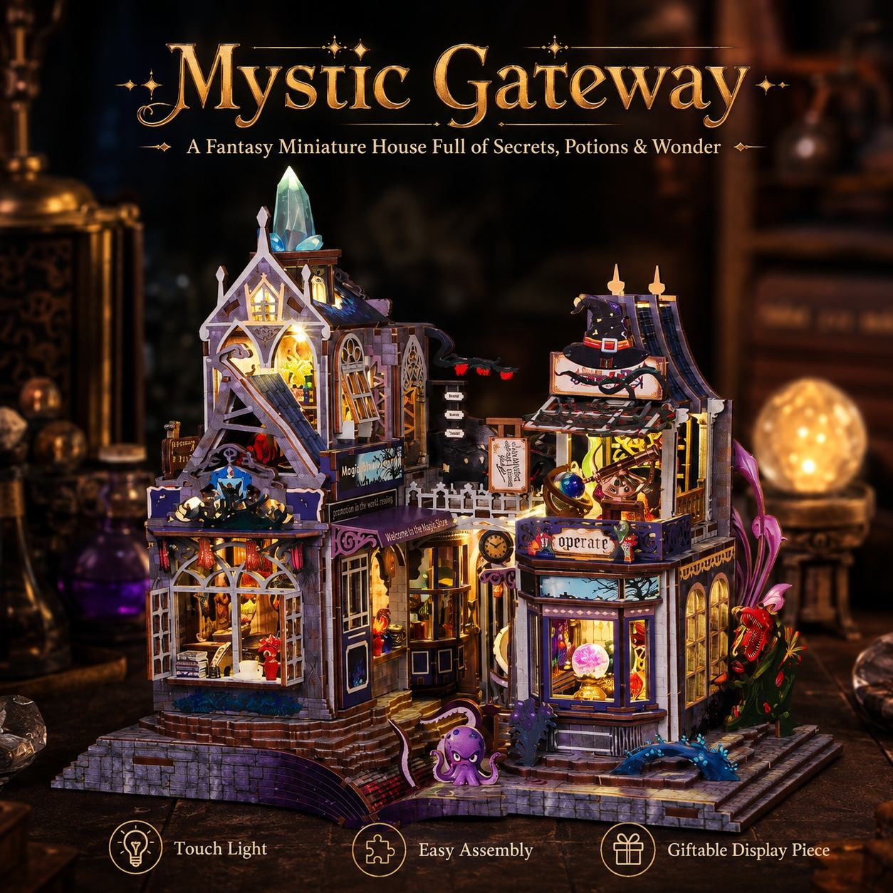 A fantasy miniature house set labeled 'Mystic Gateway' with glowing windows, decorative details, and small figurines, shown on a dark tabletop with themed props and text overlays describing features.