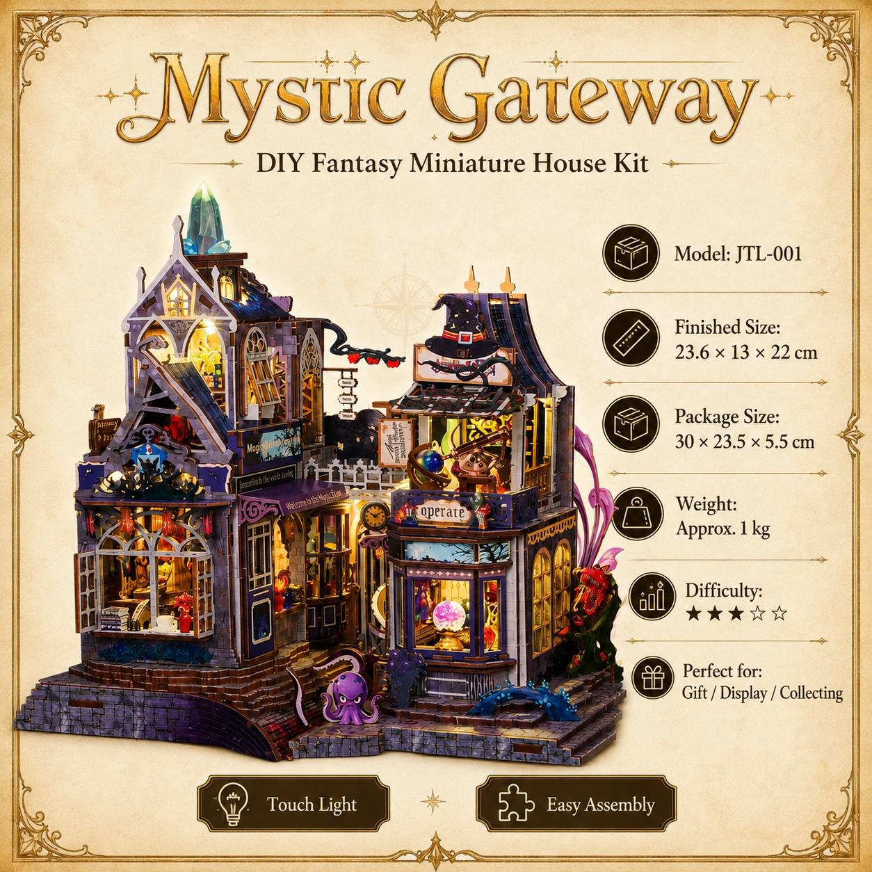 Promotional graphic for the 'Mystic Gateway' DIY fantasy miniature house kit. The image features a beautifully illuminated, highly detailed miniature house with gothic architecture, purple and gold roofs, and warm glowing windows.