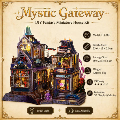 Promotional graphic for the 'Mystic Gateway' DIY fantasy miniature house kit. The image features a beautifully illuminated, highly detailed miniature house with gothic architecture, purple and gold roofs, and warm glowing windows.