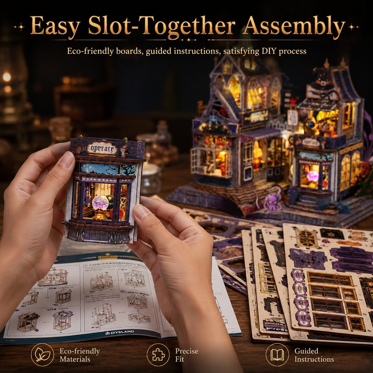 A person holds a small assembled miniature house panel in front of a larger fully built illuminated haunted-house style model, with instruction sheets and printed assembly materials on a wooden table. Text at the top reads 'Easy Slot-Together Assembly' and feature icons mention eco-friendly materials, precise fit, and guided instructions.