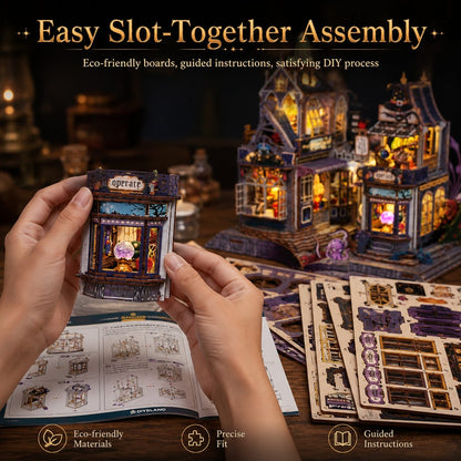 A person holds a small assembled miniature house panel in front of a larger fully built illuminated haunted-house style model, with instruction sheets and printed assembly materials on a wooden table. Text at the top reads 'Easy Slot-Together Assembly' and feature icons mention eco-friendly materials, precise fit, and guided instructions.