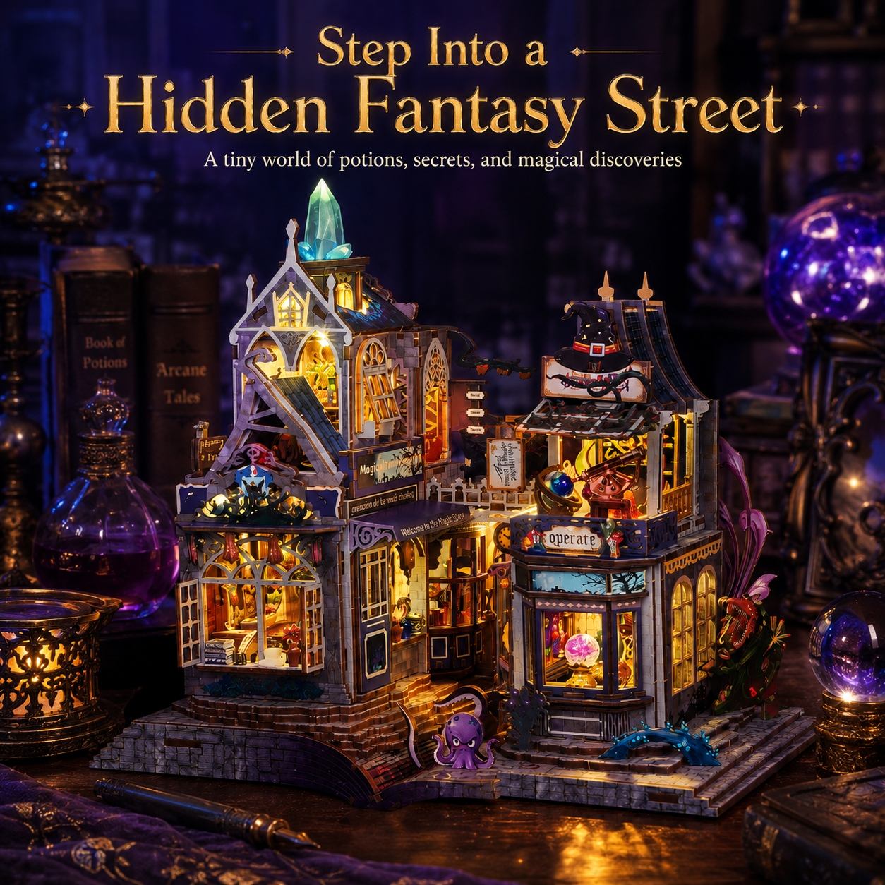 A detailed miniature fantasy house set with warm glowing windows, magical props, and decorative signage, surrounded by themed books and glowing orbs under the text 'Step Into a Hidden Fantasy Street'.