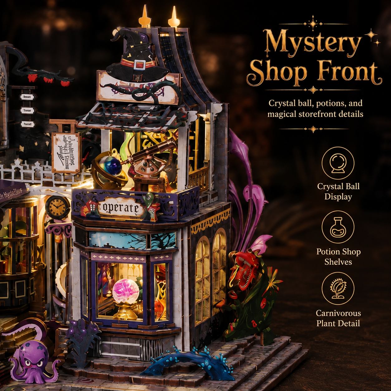 A highly detailed, illuminated wooden model of a wizarding potion shop storefront, featuring a witch hat on the roof, glowing crystal ball displays, potion shop shelves, and a carnivorous plant detail, set against a dark background with descriptive text overlays.