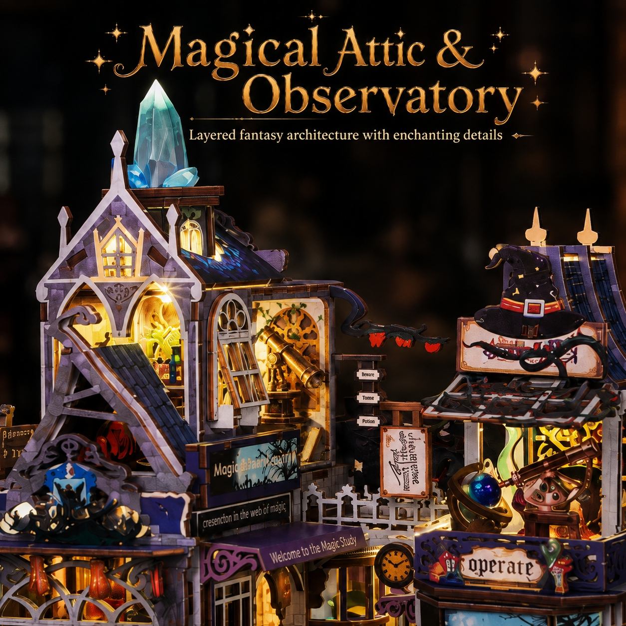 A highly detailed, illuminated wooden model of a 'Magical Attic & Observatory' fantasy building set against a dark, starry background. The model features intricate layers, glowing warm yellow windows, a blue crystal tower, and whimsical details like a witch's hat, a telescope, and flying bats, with decorative text overlays at the top.