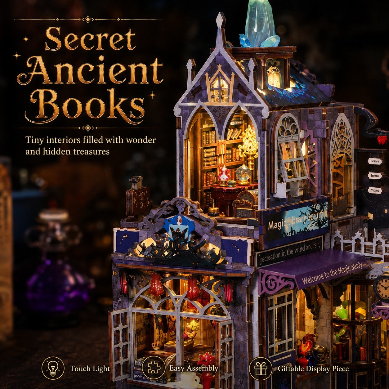 A lit-up miniature fantasy building set with gothic storefronts and interior bookshelves, shown on a dark background with promotional text reading 'Secret Ancient Books' and feature callouts including touch light, easy assembly, and giftable display piece.
