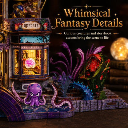A highly detailed, whimsical fantasy miniature scene featuring a purple octopus, a red monster, and a glowing pink flower in a Victorian-style clockwork building, with the text 'Whimsical Fantasy Details' on a dark background.