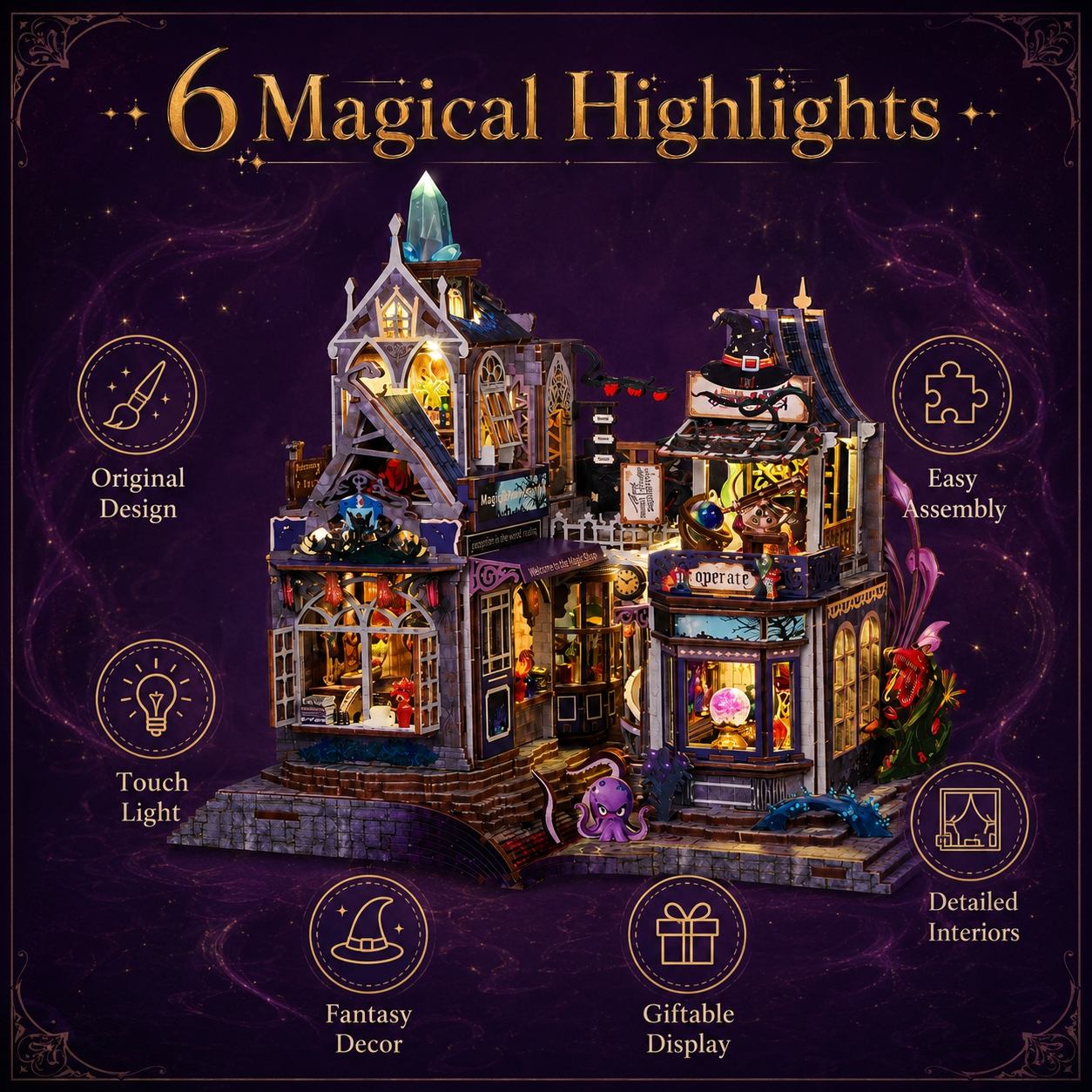A decorative illustrated product graphic showing a multi-story haunted house building set with glowing windows, fantasy details, and surrounding text callouts reading '6 Magical Highlights' and feature labels like 'Original Design,' 'Easy Assembly,' 'Touch Light,' 'Fantasy Decor,' 'Gitable Display,' and 'Detailed Interiors' on a dark purple background.