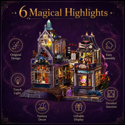 A decorative illustrated product graphic showing a multi-story haunted house building set with glowing windows, fantasy details, and surrounding text callouts reading '6 Magical Highlights' and feature labels like 'Original Design,' 'Easy Assembly,' 'Touch Light,' 'Fantasy Decor,' 'Gitable Display,' and 'Detailed Interiors' on a dark purple background.