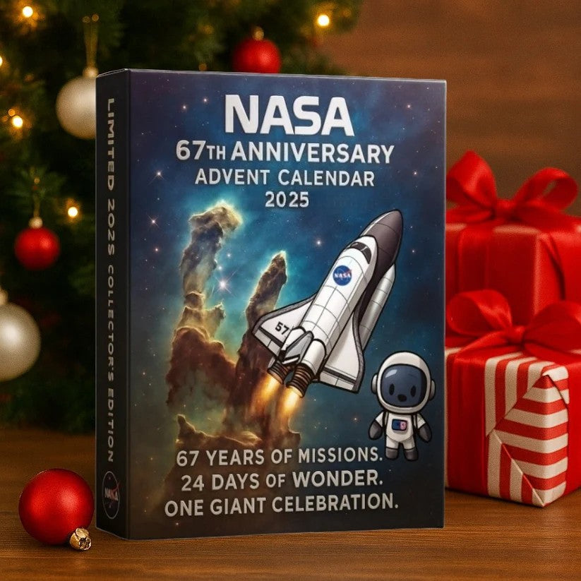 NASA 67th Anniversary Advent Calendar 2025 with space shuttle and astronaut illustration, surrounded by Christmas decorations.