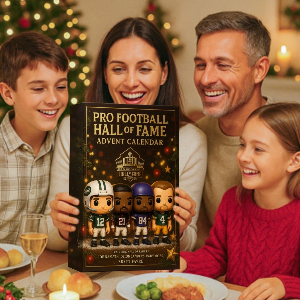 Family of four with a Pro Football Hall of Fame advent calendar during Christmas.