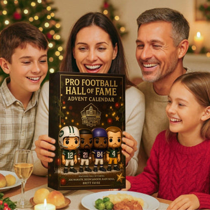 Family of four with a Pro Football Hall of Fame advent calendar during Christmas.