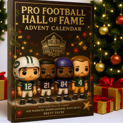 Pro Football Hall of Fame Advent Calendar with figurines in front of a Christmas tree and presents.