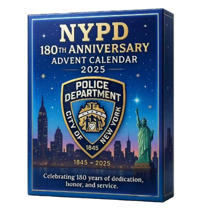 NYPD 180th Anniversary Advent Calendar 2025 with police department logo and New York City skyline.