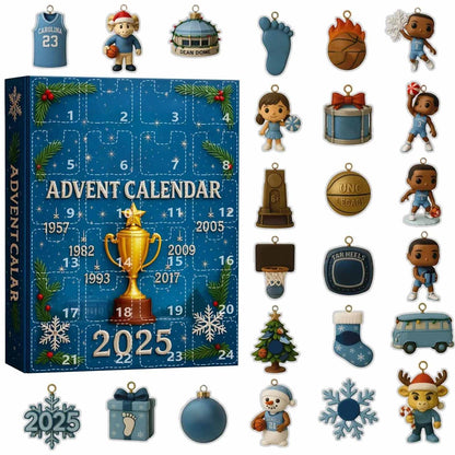North Carolina Advent calendar with small figurines and decorations on a white background