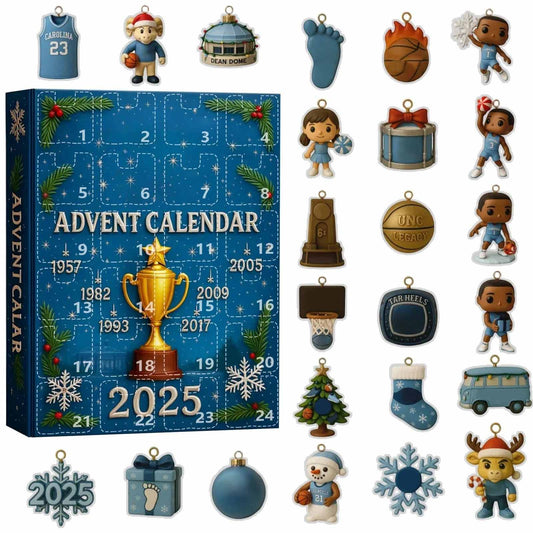 North Carolina Advent calendar with small figurines and decorations on a white background