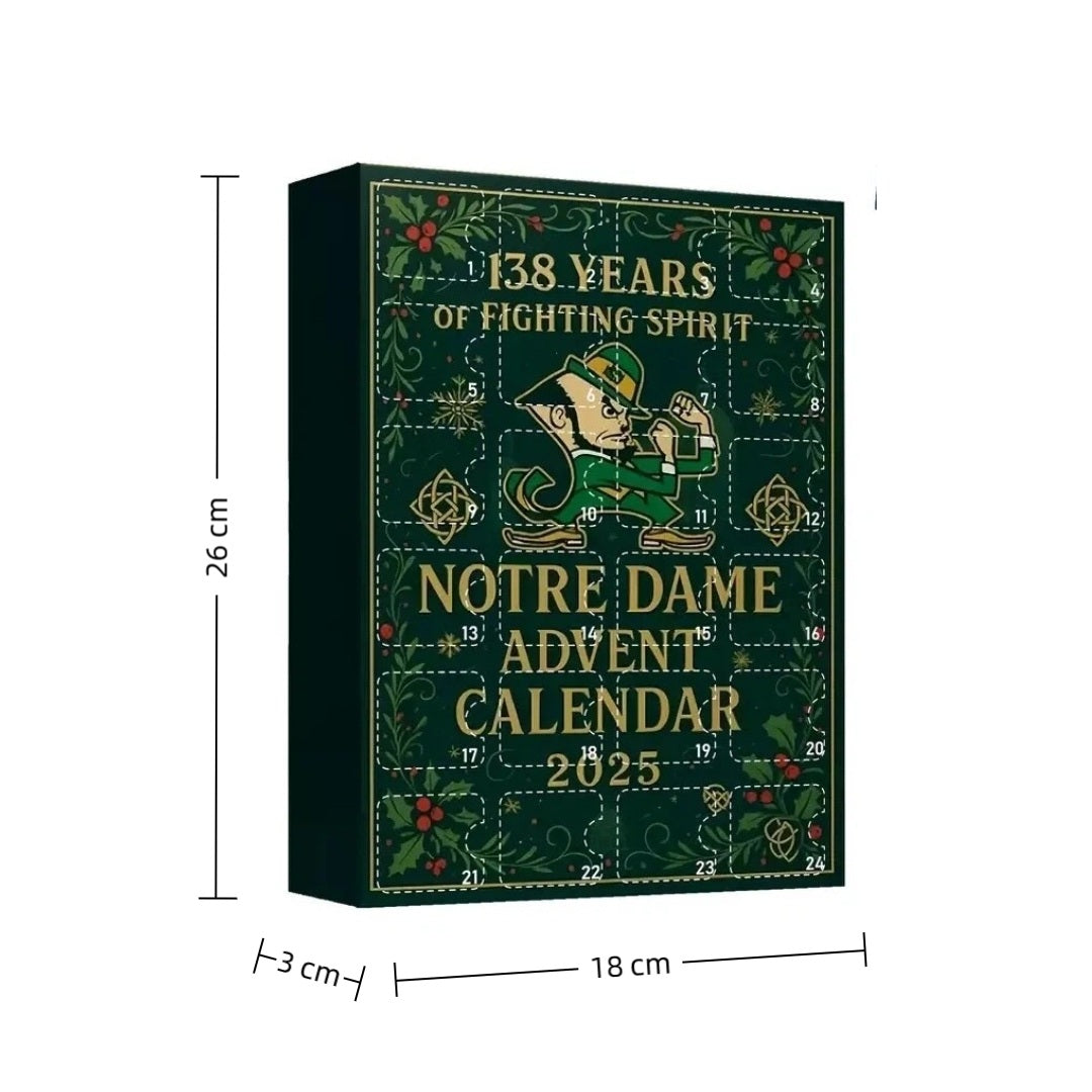 Notre Dame Advent Calendar 2025 with dimensions on a white background