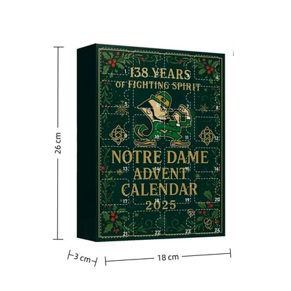 Notre Dame Advent Calendar 2025 with dimensions on a white background