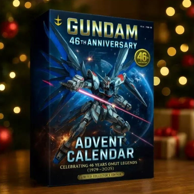 Gundam 46th Anniversary Advent Calendar with robot illustration on a festive background