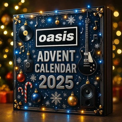 Advent calendar with Oasis branding and festive decorations on a blurred Christmas tree background.