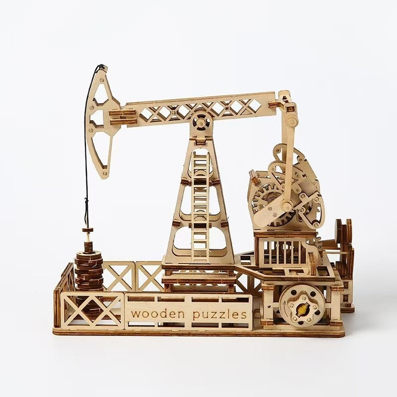 image displayed different side views of the finished Oil Derrick 3D Wooden Puzzle on table