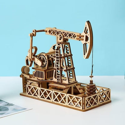 image displayed different side views of the finished Oil Derrick 3D Wooden Puzzle on table