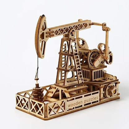 image displayed different side views of the finished Oil Derrick 3D Wooden Puzzle on table