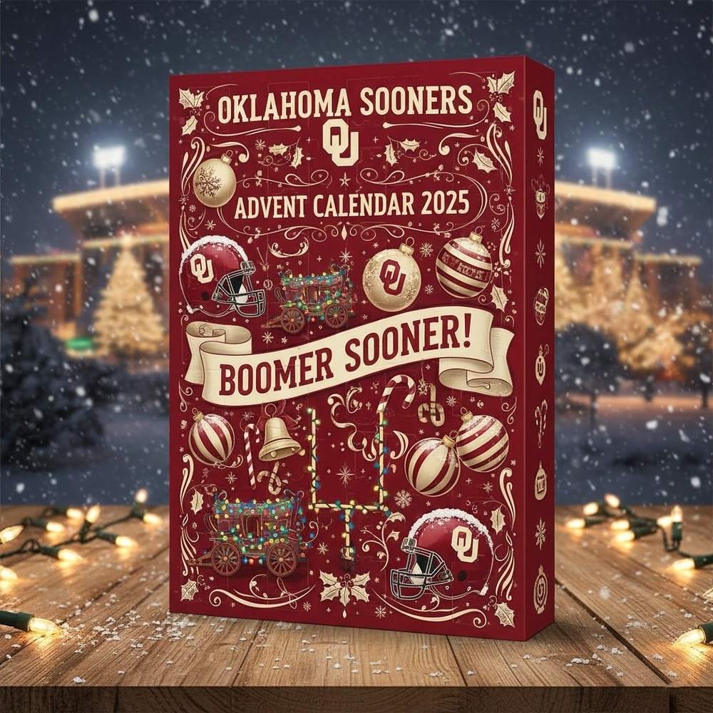 Oklahoma Sooners Advent Calendar 2025 on a wooden table with a snowy background
