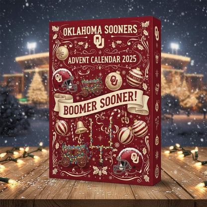 Oklahoma Sooners Advent Calendar 2025 on a wooden table with a snowy background
