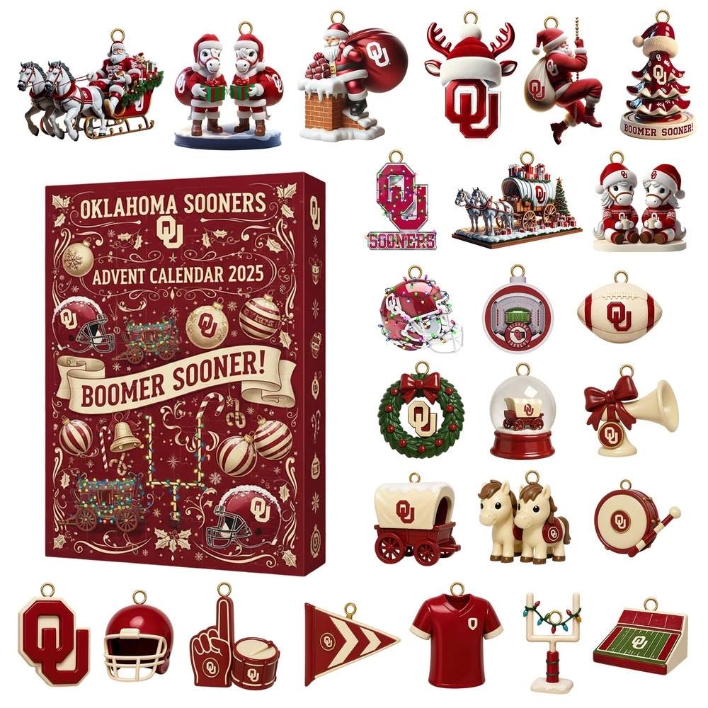 Collection of Oklahoma Sooners-themed ornaments and advent calendar