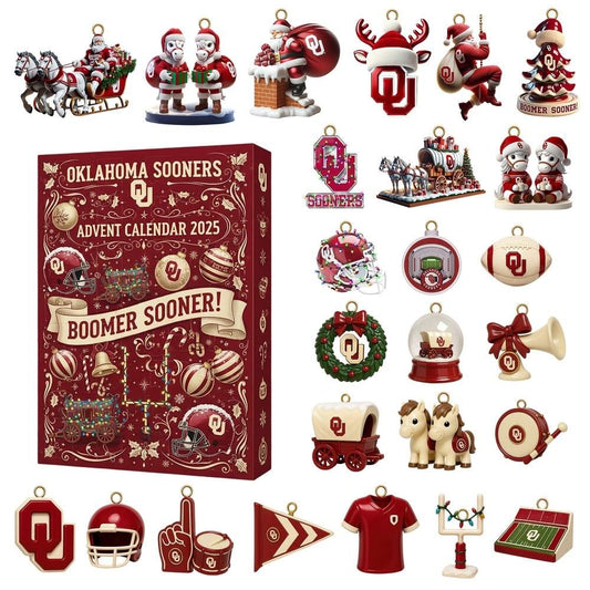 Collection of Oklahoma Sooners-themed ornaments and advent calendar