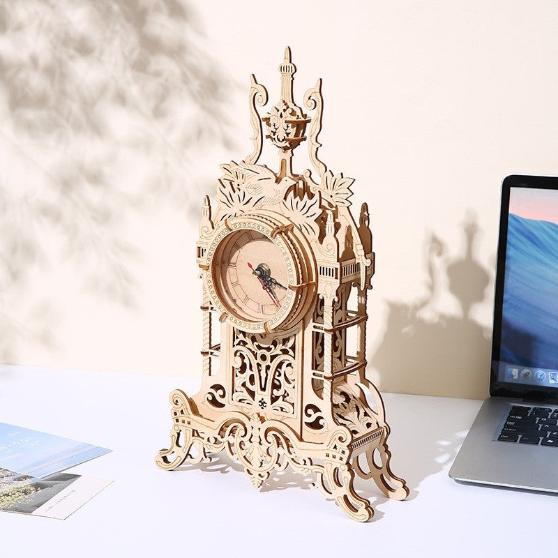 image display an assembled Old Clock Tower 3D Wooden Puzzle in table setting