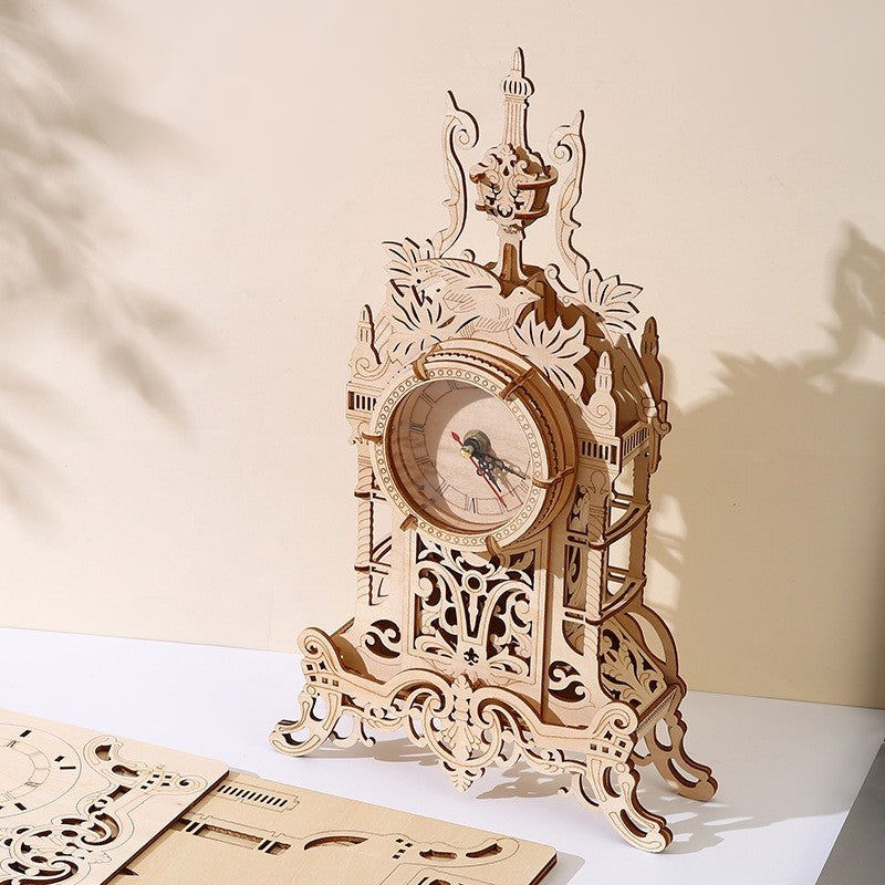 image display left side of the assembled Old Clock Tower 3D Wooden Puzzle in table setting