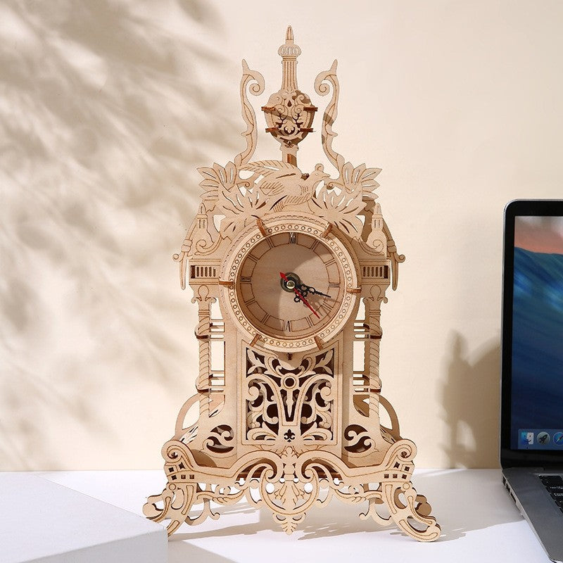 image display front side of the assembled Old Clock Tower 3D Wooden Puzzle in table setting