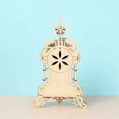 image display backside of the assembled Old Clock Tower 3D Wooden Puzzle in table setting