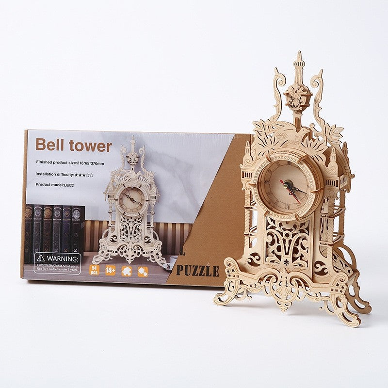 image display the assembled Old Clock Tower 3D Wooden Puzzle and the package