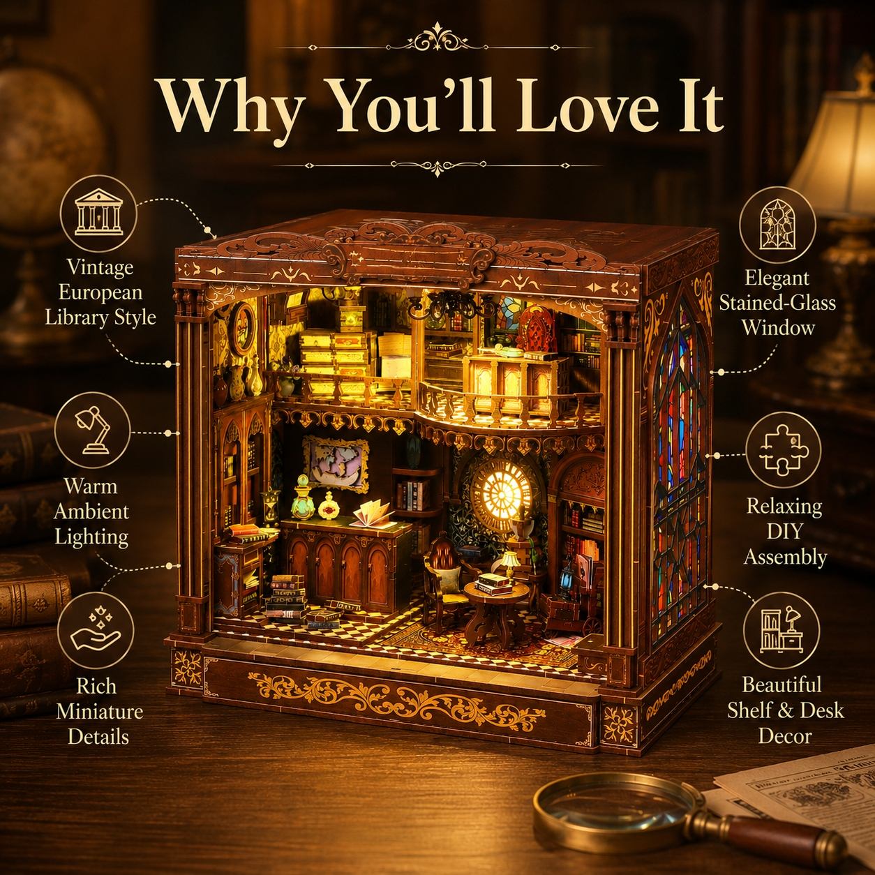 Old World Library DIY Book Nook Kit – Warm Light Wooden Miniature House