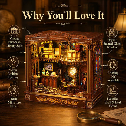 Old World Library DIY Book Nook Kit – Warm Light Wooden Miniature House