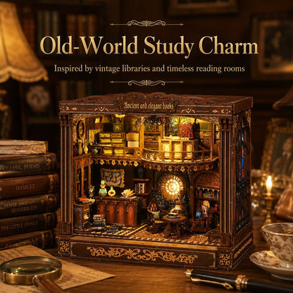 Old World Library DIY Book Nook Kit – Warm Light Wooden Miniature House