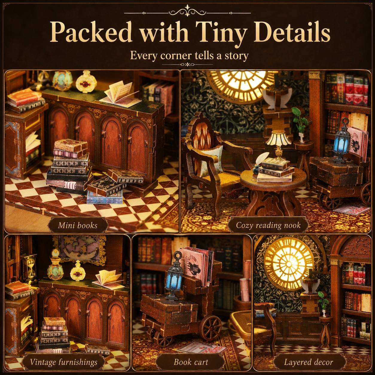 Old World Library DIY Book Nook Kit – Warm Light Wooden Miniature House