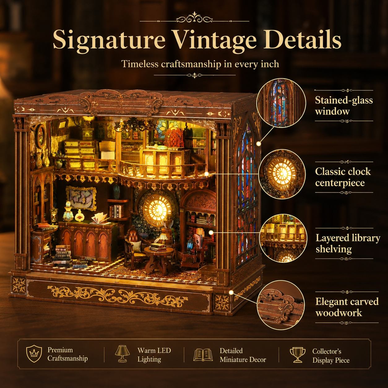 Old World Library DIY Book Nook Kit – Warm Light Wooden Miniature House