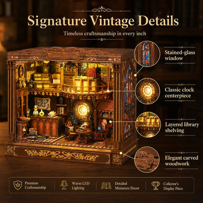Old World Library DIY Book Nook Kit – Warm Light Wooden Miniature House