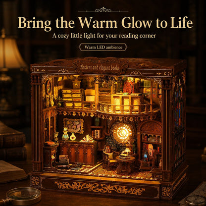 Old World Library DIY Book Nook Kit – Warm Light Wooden Miniature House