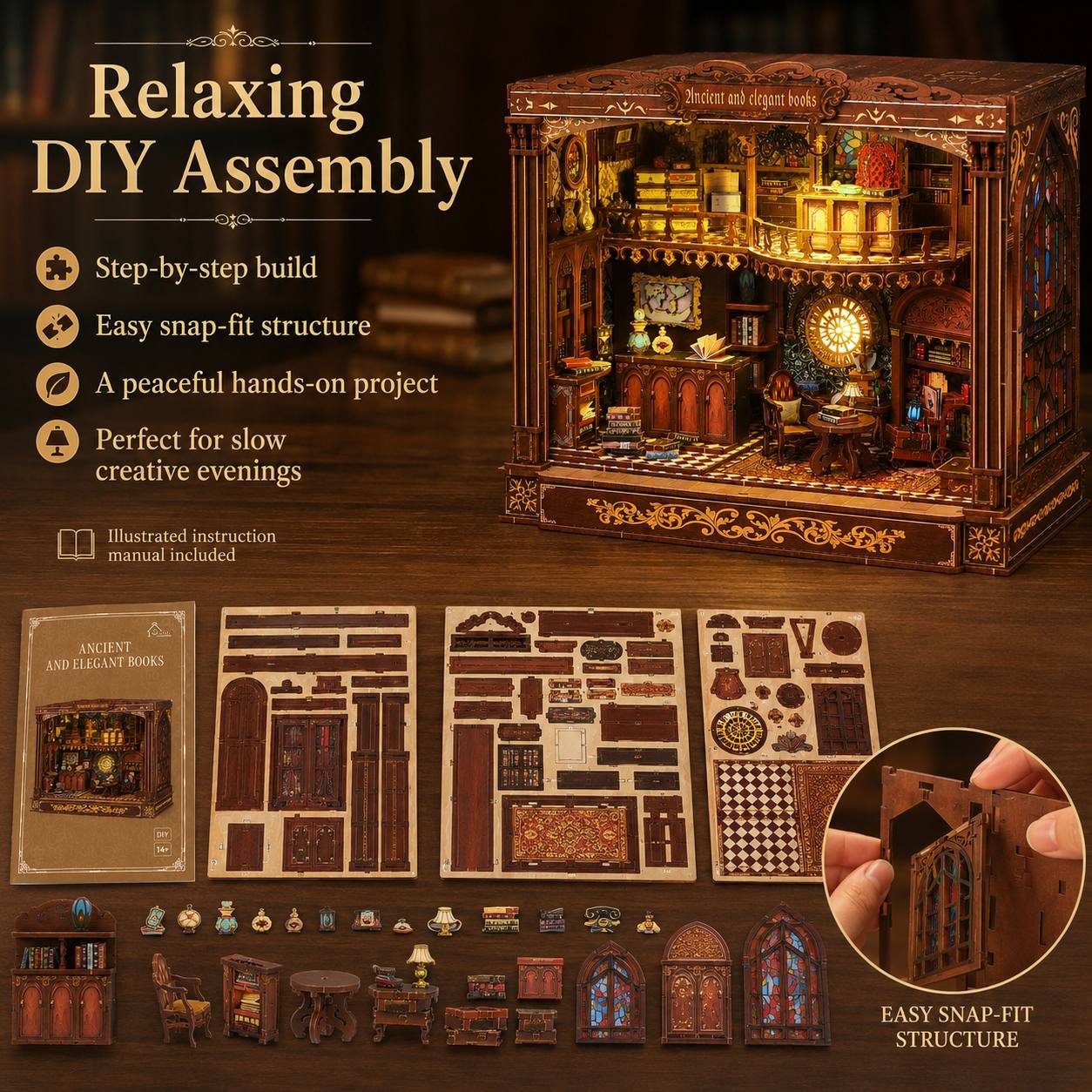 Old World Library DIY Book Nook Kit – Warm Light Wooden Miniature House