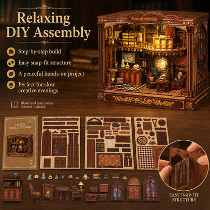 Old World Library DIY Book Nook Kit – Warm Light Wooden Miniature House