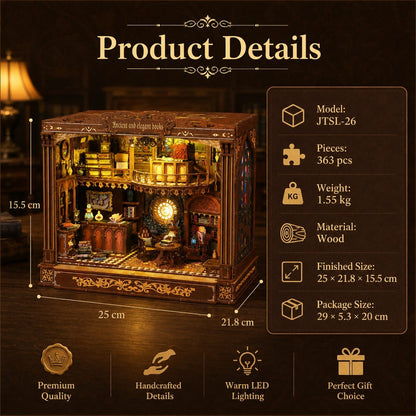 Old World Library DIY Book Nook Kit – Warm Light Wooden Miniature House