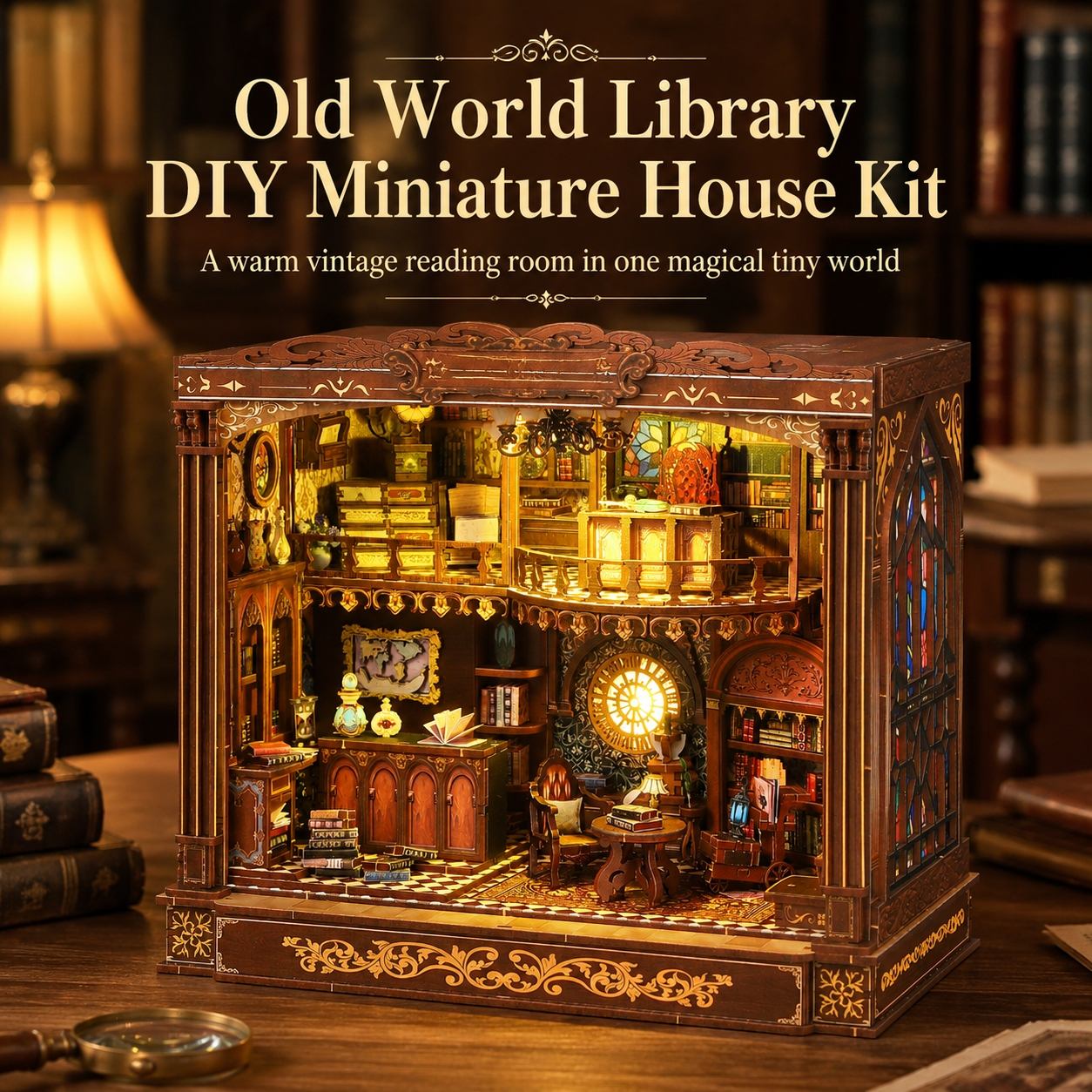 Old World Library DIY Book Nook Kit – Warm Light Wooden Miniature House