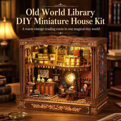 Old World Library DIY Book Nook Kit – Warm Light Wooden Miniature House