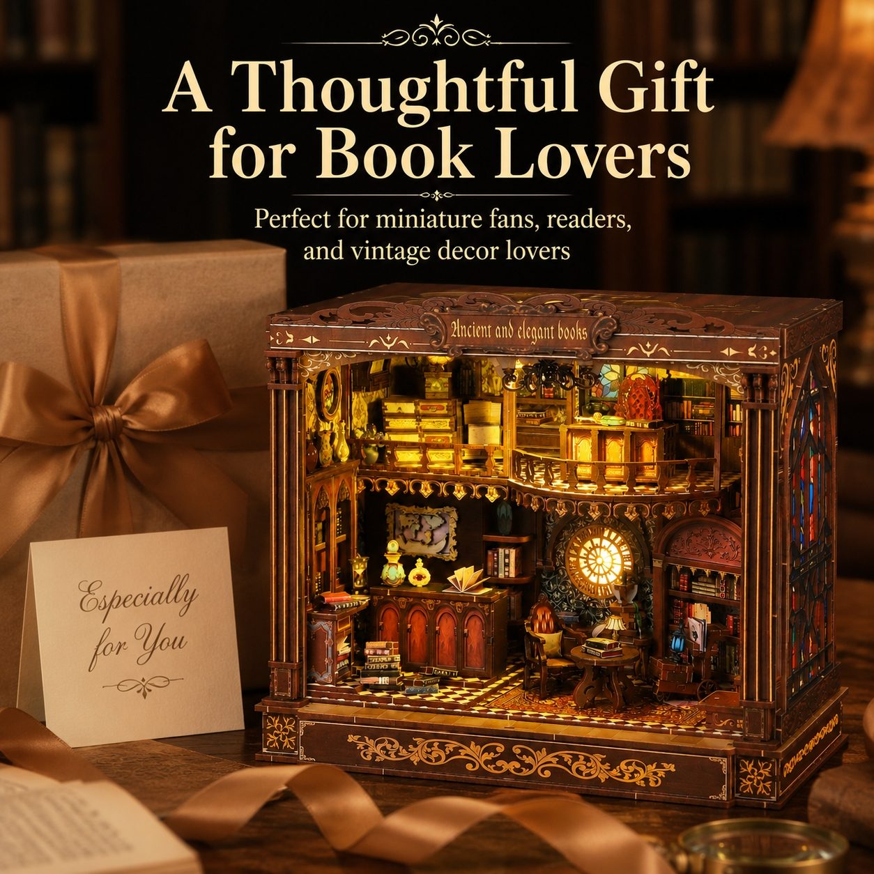 Old World Library DIY Book Nook Kit – Warm Light Wooden Miniature House