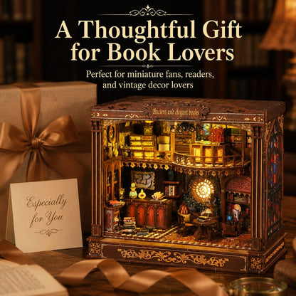 Old World Library DIY Book Nook Kit – Warm Light Wooden Miniature House