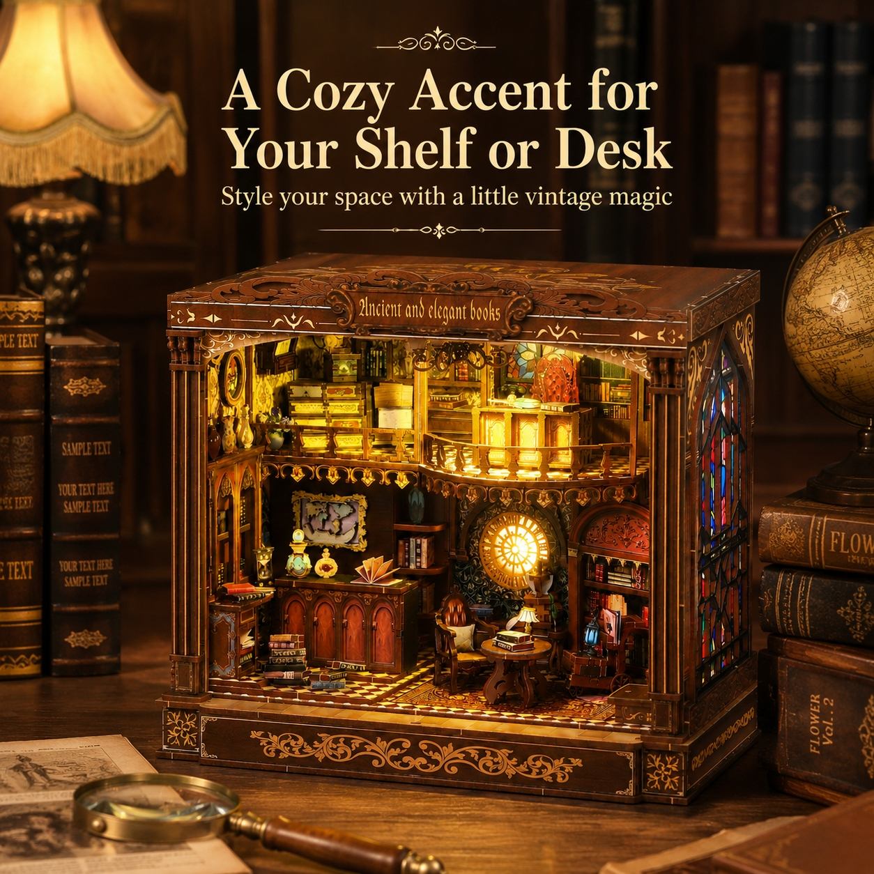 Old World Library DIY Book Nook Kit – Warm Light Wooden Miniature House
